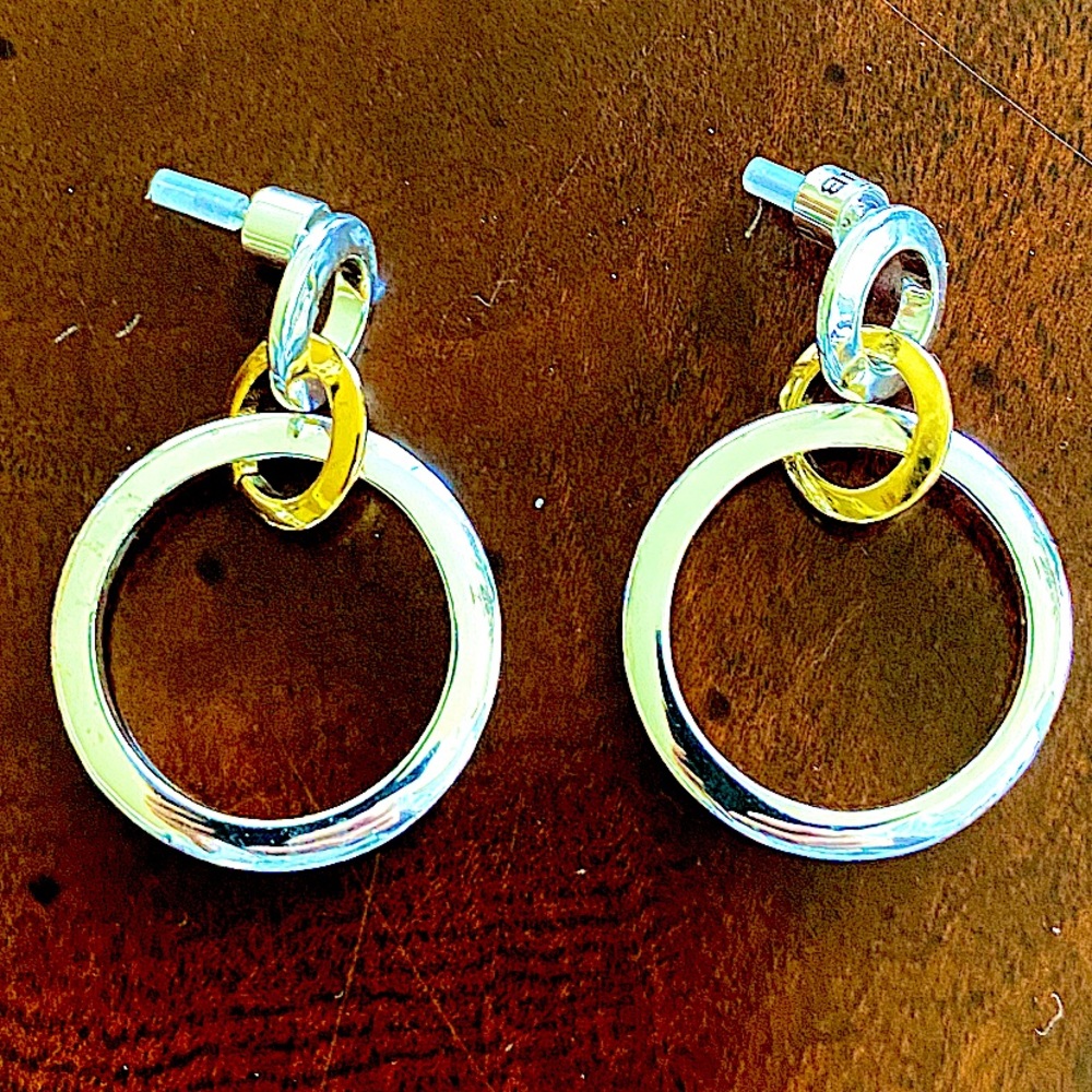 JB Two-Tone Silver&Gold Polished Circle Post Earrings 1,6” Long  Brand New